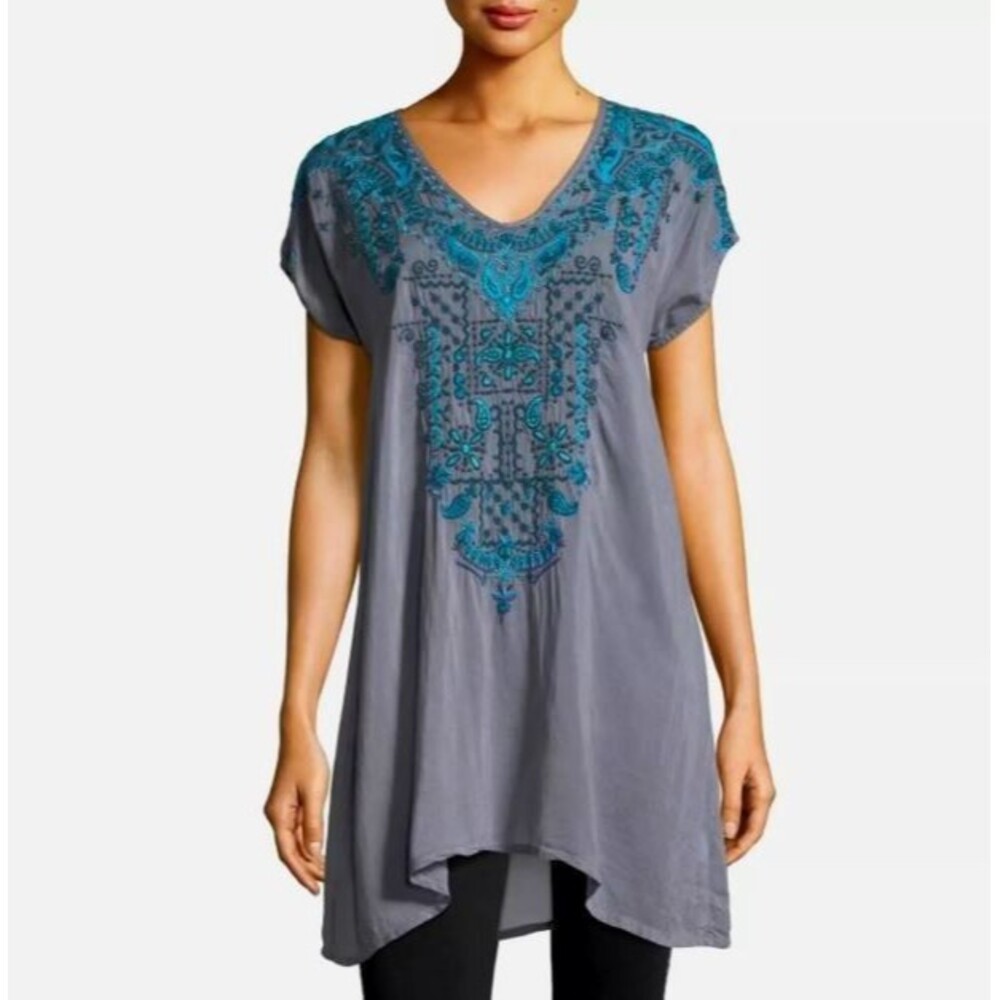Johnny Was‎ Top Cupra Cupro Rayon Vegan Silk XS Floral Tunic Boho Semi Sheer